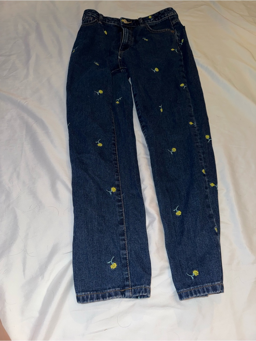 BDG Dark Blue High-Rise Wide Leg Jeans with Yellow Floral Embroidery
